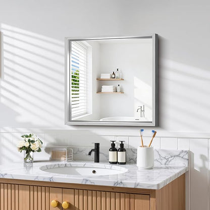 CIRCUMI 24"x24" Brushed Silver Bathroom Mirror, Square Mirror for Vanity | Chunky Box Metal Frame, Shatterproof, Tempered Glass, Bathroom Remodel&New Home,Wall Mirror for Over Sink,Living Room,Hallway