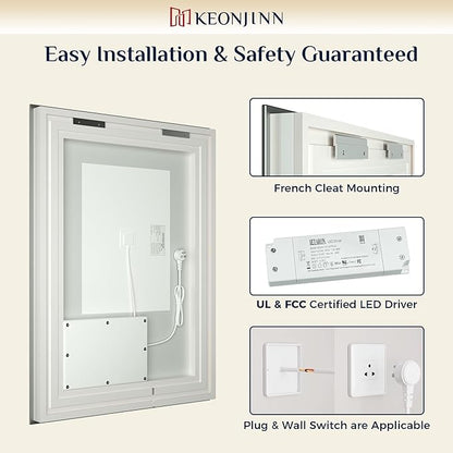 Keonjinn 30 x 36 Inch LED Bathroom Mirror with Lights, Vanity Mirror with Frontlit & Backlit, Dimmable 3-Color Temperature, Lighted Mirror with Anti-Fog, Tempered Glass(Horizontal/Vertical)