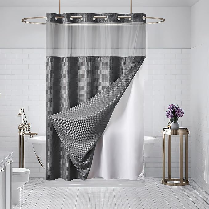Furlinic No Hook Shower Curtain with Snap in Fabric Liner Set,Waffle Weave Heavy Duty Bathroom Curtain with See Through Window,Waterproof & Machine Washable,Hotel Style,Light Dark Grey,71x72 Inch