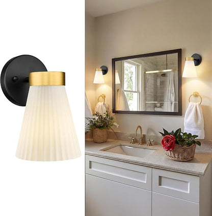 1-Light Bathroom Wall Sconce, HWH Black and Gold Wall Sconce with Frosted Milk White Striped Glass, Modern Bathroom Light Fixture for Bathroom Bedroom, 5HZG97B BK+BG