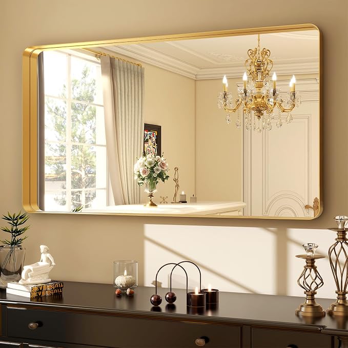 Easly 48 x 30 Inch Gold Bathroom Mirror, Rectangular Wall Mounted Shatterproof Mirror, Aluminum Alloy Frame with Rounded Corners, Horizontal or Vertical for Farmhouse Decor