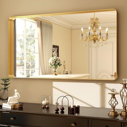 Easly 48 x 30 Inch Gold Bathroom Mirror, Rectangular Wall Mounted Shatterproof Mirror, Aluminum Alloy Frame with Rounded Corners, Horizontal or Vertical for Farmhouse Decor