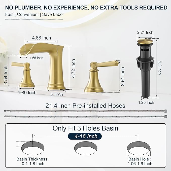 8 Inch Brushed Gold Bathroom Faucet 3 Hole, Brass Waterfall Bathroom Faucets Widespread 2 Handle with Pop up Drain & Pre-Installed cUPC Supply Lines for Vanity, 10 Mins Quick Installation