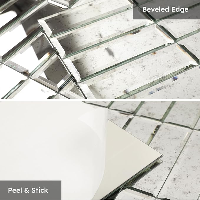 Peel and Stick Mirror Backsplash, Light Antique, 1.8 x 11.8 Inch, Beveled Two Mirror Strips Tiles for Kitchen Bathroom Accent Wall, Pack of 5 Sheets