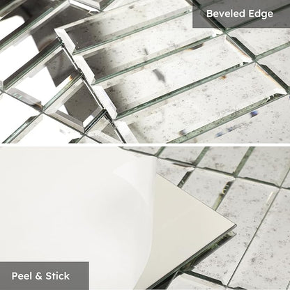 Peel and Stick Mirror Backsplash, Light Antique, 1.8 x 11.8 Inch, Beveled Two Mirror Strips Tiles for Kitchen Bathroom Accent Wall, Pack of 5 Sheets