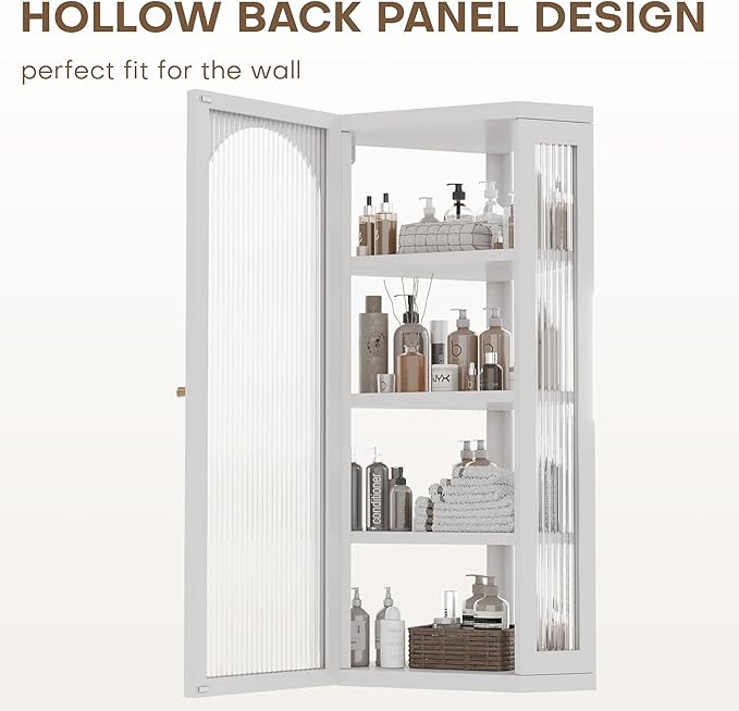 Bathroom Corner Wall Cabinet, Metal Medicine Cabinet with Glass Doors and Shelves, Hanging Corner Storage Cabinet for Bathroom, Kitchen, Laundry Room (White)