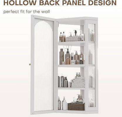 Bathroom Corner Wall Cabinet, Metal Medicine Cabinet with Glass Doors and Shelves, Hanging Corner Storage Cabinet for Bathroom, Kitchen, Laundry Room (White)