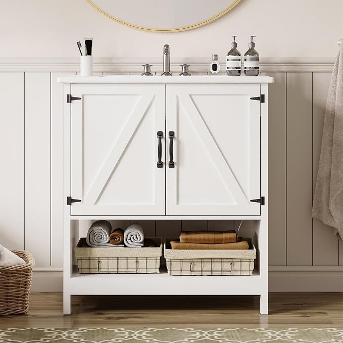30 Inch Bathroom Vanity with Sink, Pedestal Sink Storage Cabinet with 2 Doors & LED Light, Mid-Century Modern Bathroom Vanity with Open Bottom Shelf, White