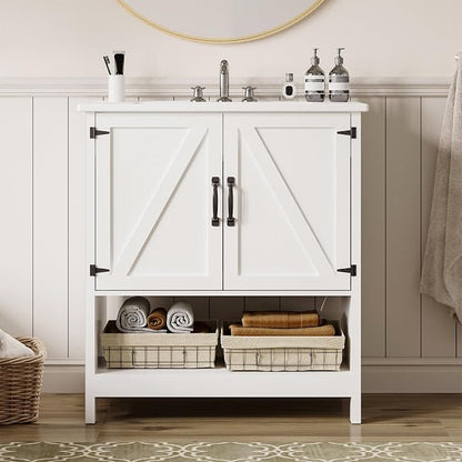 30 Inch Bathroom Vanity with Sink, Pedestal Sink Storage Cabinet with 2 Doors & LED Light, Mid-Century Modern Bathroom Vanity with Open Bottom Shelf, White