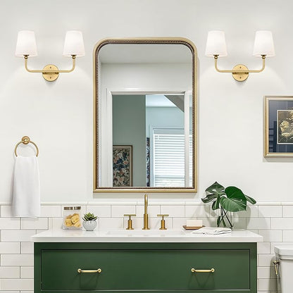 Bathroom Light Fixtures, 2-Light Brushed Gold Vanity Lights, Bathroom Lighting Fixtures Over Mirror with Flared White Fabric Shade, Modern Wall Sconces for Living Room Hallway