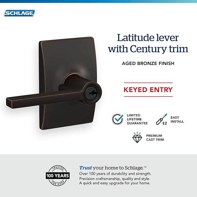 SCHLAGE F51A LAT 716 CEN Latitude Lever with Century Trim Keyed Entry Lock, Aged Bronze