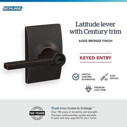 SCHLAGE F51A LAT 716 CEN Latitude Lever with Century Trim Keyed Entry Lock, Aged Bronze