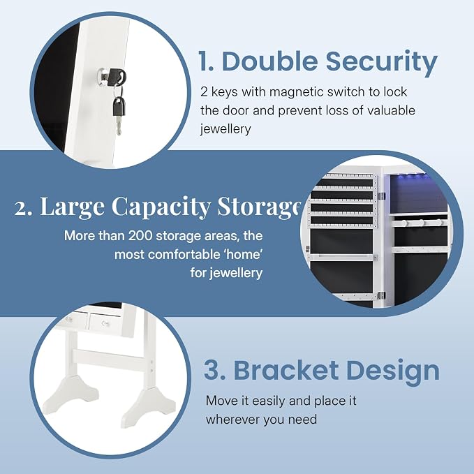 DUMOS Freestanding Jewelry Organizer Cabinet with Full Length Mirror | Standing Jewelry Armoire, Lockable, 47.3" Mirror with Storage, 2 Drawers, 3 Adjustable Angles (13°/23°/30°), White