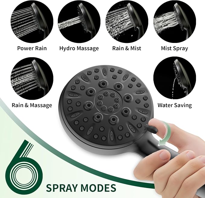 Matte Black Shower Head, 6 Spray Modes Handheld Showerhead | High Pressure Shower Heads with 59 Inch Stainless Steel Hose & Adjustable Shower Holder, Easy Installation, 4.53 Inch