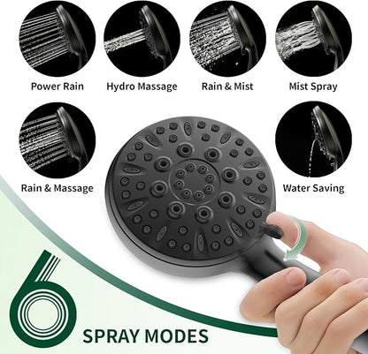Matte Black Shower Head, 6 Spray Modes Handheld Showerhead | High Pressure Shower Heads with 59 Inch Stainless Steel Hose & Adjustable Shower Holder, Easy Installation, 4.53 Inch