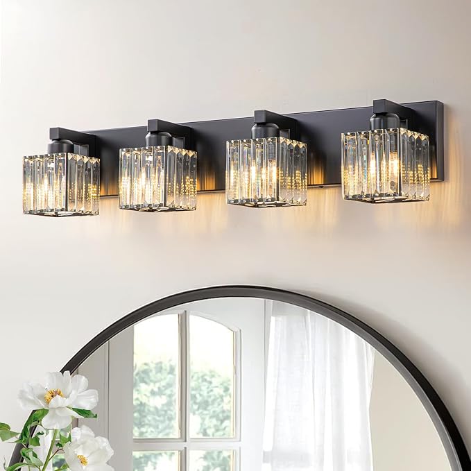 Black Bathroom Light Fixtures, 4-Light Modern Bathroom Vanity Lights Over Mirror, Wall Light Fixtures with Square Shade