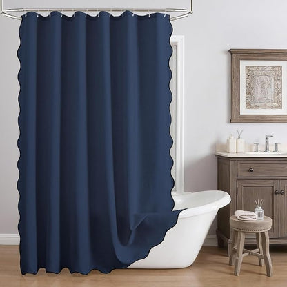 Linen Scallop Shower Curtain with 12 Hooks, Waterproof, 72x72, Navy Blue | Waterproof Heavy Duty Thick Fabric with Black Border, Minimalist Neutral Boho Farmhouse Bathroom Décor