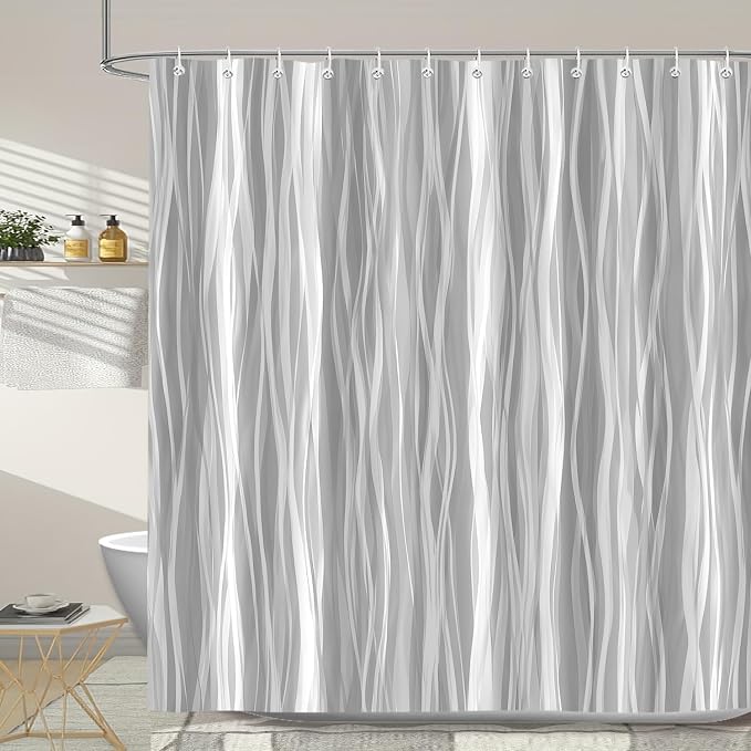 Moonslim Grey Ombre Shower Curtain, Modern Wavy Abstract Gray Striped Line Bathroom Curtain, Waterproof Fabric Bath Decor, 72 x 72 Inch
