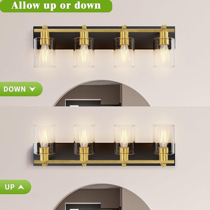 4-Light 30inch Black and Gold Vanity Light, Thickened Clear Glass | Over Mirror for Bathroom, Rust Resistant, E26 Base, Easy Install, Removable Glass Shade Horizontal Mount, Dimmable