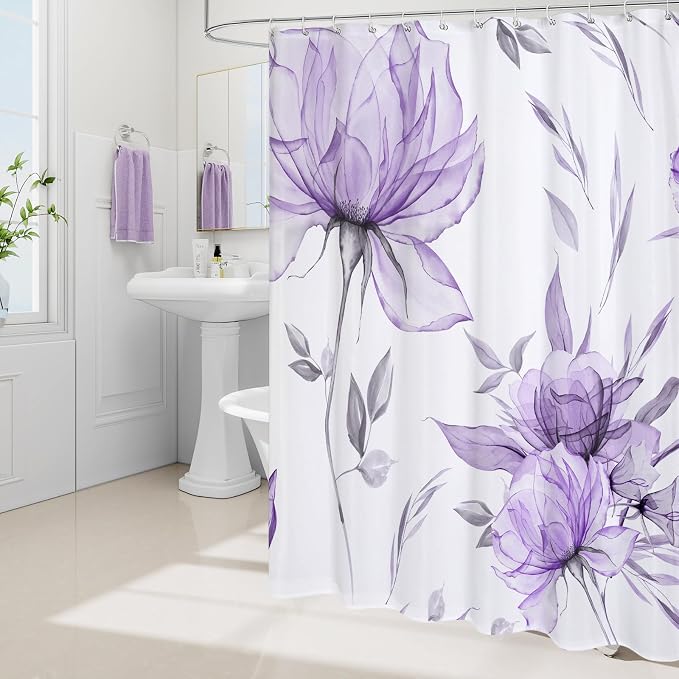 Litabel Long Boho Watercolor Floral Shower Curtain 72 x 78, Purple and Grey Ink Painting Style Flower Shower Curtains for Chic Elegant Bathroom, Artistic 78 Inch Long Fabric Shower Curtain