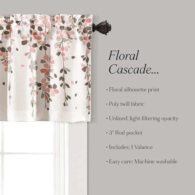Lush Decor Weeping Flower Light Filtering Window Curtain Valance, Blush & Gray