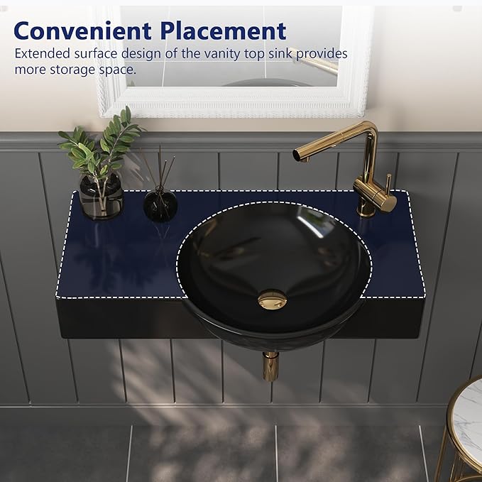 Wall Mounted Bathroom Sink, Deer Valley 30" x 18" Bathroom Vessel Sink, Black Modern Floating Countertop Lavatory Wall Hung Vessel Sink with Right Side Faucet Mount