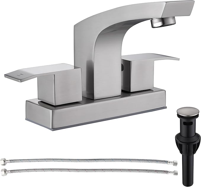 Brushed Nickel Bathroom Faucet, Stainless Steel Brush Nickel 2 Handle 4 inch Centerset Bathroom Sink Faucet 2 Hole with Pop Up Drain and cUPC Supply Hose, Satin Nickel Lavatory Faucet