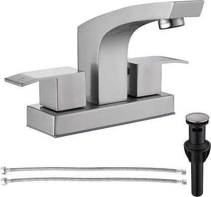 Brushed Nickel Bathroom Faucet, Stainless Steel Brush Nickel 2 Handle 4 inch Centerset Bathroom Sink Faucet 2 Hole with Pop Up Drain and cUPC Supply Hose, Satin Nickel Lavatory Faucet