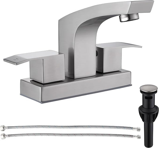 Brushed Nickel Bathroom Faucet, Stainless Steel Brush Nickel 2 Handle 4 inch Centerset Bathroom Sink Faucet 2 Hole with Pop Up Drain and cUPC Supply Hose, Satin Nickel Lavatory Faucet