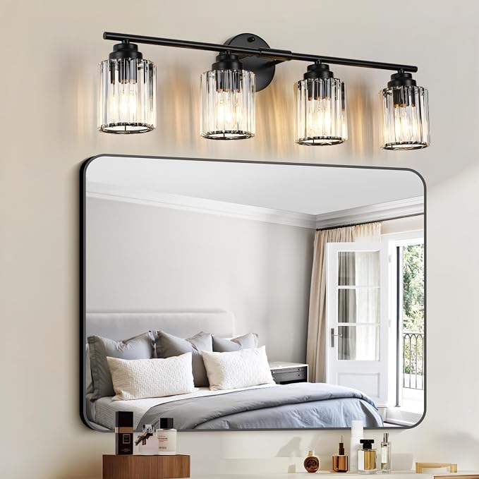 29.1" Black Vanity Light, 4-Light Bathroom Light Fixtures with Clear Crystal Shades, E26 Base Modern Black Wall Sconce, Vanity Lights for Bathroom Powder Room Bedroom Hallway