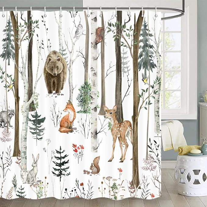 JAWO Rustic Forest Shower Curtain for Bathroom, Country Hunting Bear Deer Wild Animals Farmhouse Camper RV Shower Curtains, Cabin Nature Spring Bathroom Set with Hooks, 72X72 Inch