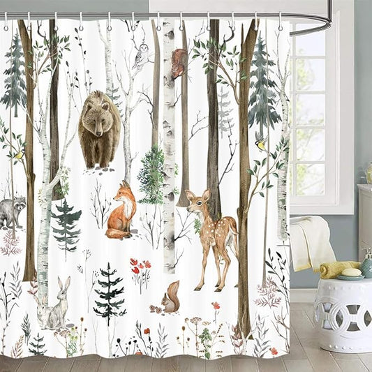 JAWO Rustic Forest Shower Curtain for Bathroom, Country Hunting Bear Deer Wild Animals Farmhouse Camper RV Shower Curtains, Cabin Nature Spring Bathroom Set with Hooks, 72X72 Inch