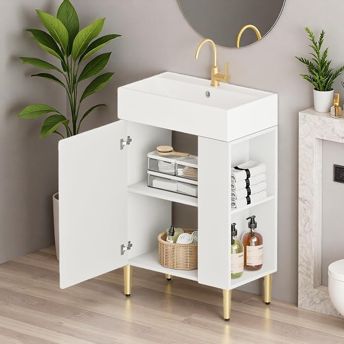 21.6" Freestanding Bathroom Vanity with Ceramic Sink, White | Ceramic Sink, Wave-Pattern Door & Two-Layer Right Open Compartment, Bathroom Storage Cabinet, Easy Installation