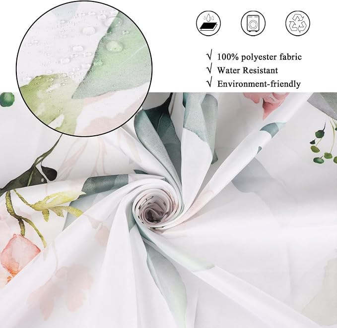 Spring Eucalyptus Shower Curtain, Sage Green Leaves Botanical Plants with Pink Flowers on The Top Fabric Bathroom Curtain Home Decor Waterproof Washable 12 Hooks 72.00'' x 72.00'' (GCI-9918)