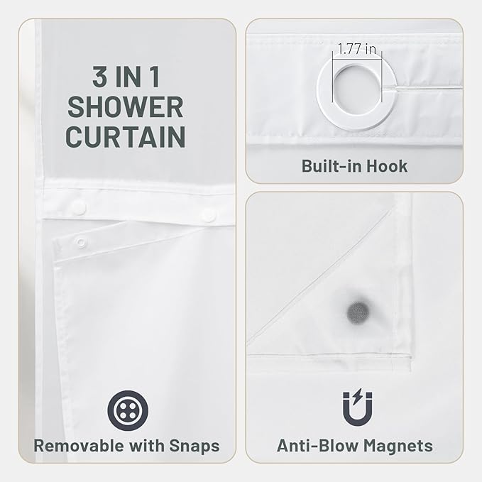 No Hook Floral Shower Curtain with Liner, Sage Green, 71x74 | Snap in Liner, 3 in 1, Water Repellent, Easy Install, Machine Washable, Hotel Style for Bathroom, Watercolor Pattern