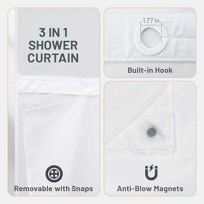 No Hook Floral Shower Curtain with Liner, Sage Green, 71x74 | Snap in Liner, 3 in 1, Water Repellent, Easy Install, Machine Washable, Hotel Style for Bathroom, Watercolor Pattern