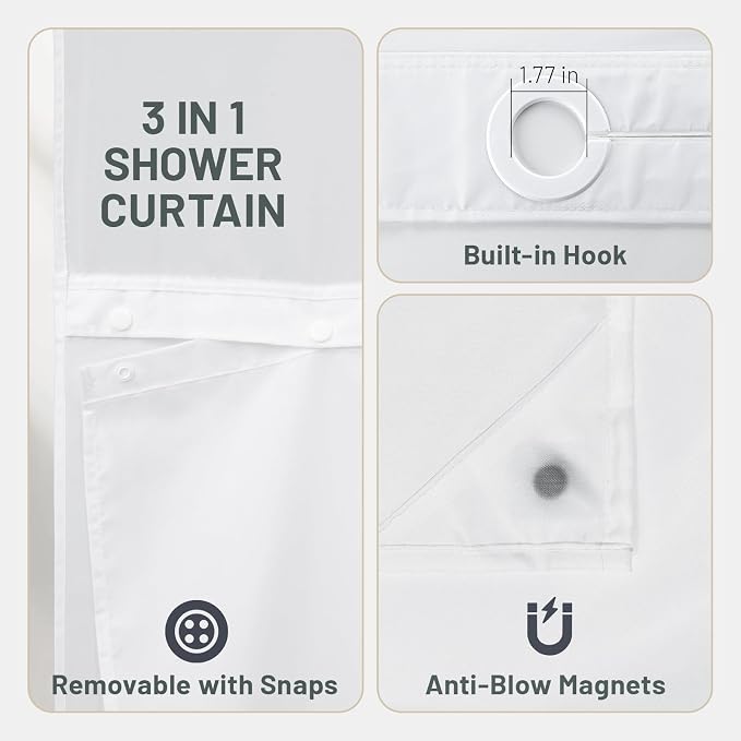 No Hook Floral Shower Curtain with Liner, Burgundy Flower, 71x74 | Snap in Liner, 3 in 1, Water Repellent, Easy Install, Machine Washable, Hotel Style for Bathroom, Watercolor Pattern