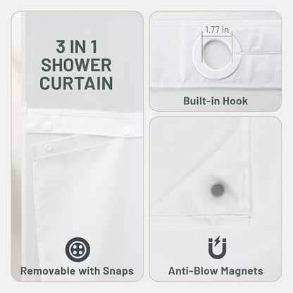 No Hook Floral Shower Curtain with Liner, Burgundy Flower, 71x74 | Snap in Liner, 3 in 1, Water Repellent, Easy Install, Machine Washable, Hotel Style for Bathroom, Watercolor Pattern