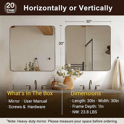 Brushed Champagne Bronze Mirrors for Bathroom Sink, 30x30 Inch Bathroom Vanity Mirror with Rectangular Metal Frame-Modern Clean Design with Superior Stainless Steel Frame