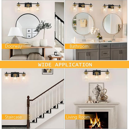 3-Lights Black and Gold Bathroom Light Fixtures Over Mirror, Modern Brushed Gold Vanity Lights for Bathroom, Sconces Wall Lighting with Square Glass Shade for Mirror Bedroom Hallway
