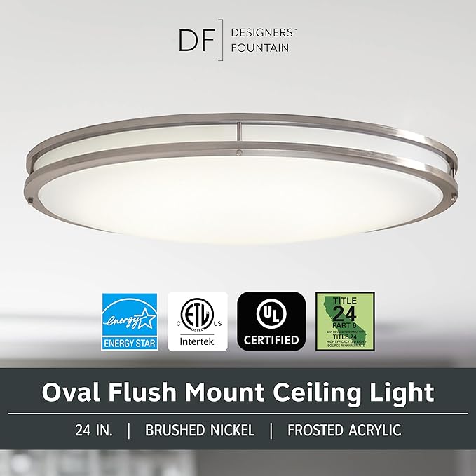 Designers Fountain Flush Mount Ceiling Light, 24 Inch Oval LED Lighting Fixture Kitchen, Bedroom, Bathroom, and Hallway, Dimmable, 2800 Lumens, 3000K/4000K/5000K, Brushed Nickel, EV1424C3C-35