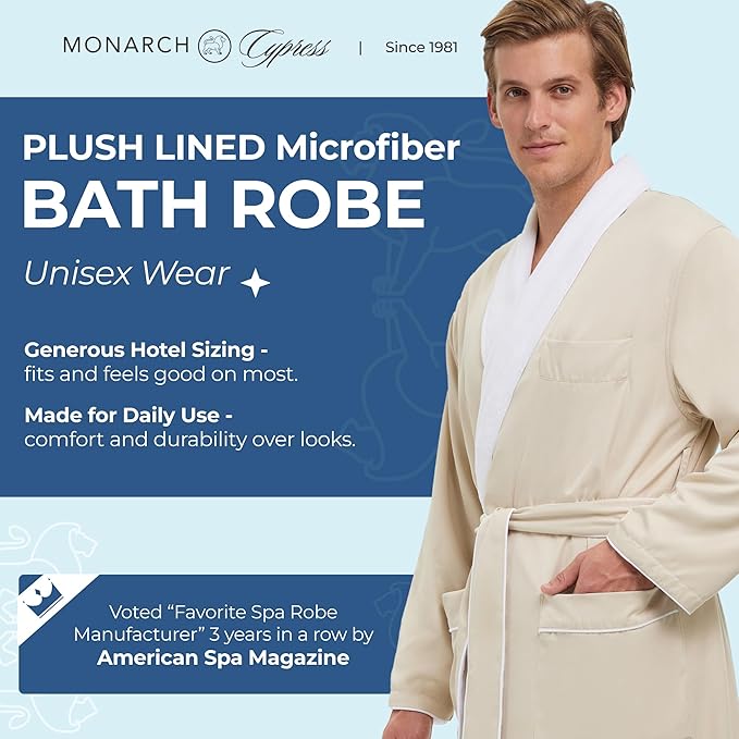 MONARCH Unisex Plush Lined Microfiber Bath Robe - Soft Shell with Polyester Lining, Resort-Grade Hotel & Spa Robe with Pocket