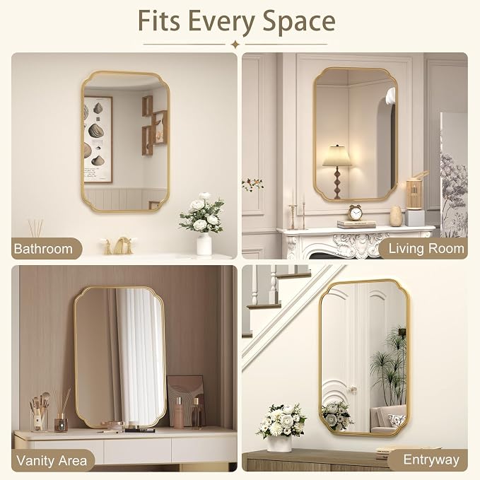 SMIROR 24x36 Gold Scalloped Corner Bathroom Vanity Mirror for Wall | Metal Frame, Scalloped Rectangle, Anti-Rust, Horizontally or Vertically Mounted