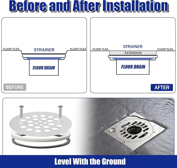 Drain Height Extension Kit, Universal Fit for 2-1/2" to 3" Floor Drains | Adjustable 1/4"–1/2" Riser with Leak-Proof Sealing Gaskets for Shower, Bathroom, Kitchen & Laundry Room Renovations