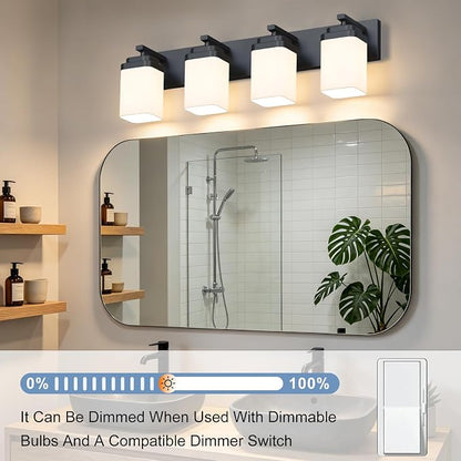 Matte Black Bathroom Light Fixtures, 4 Lights Bathroom Lighting Fixtures Over Mirror, Square Design & Rectangle Large Backplate, Modern Vanity Lighting Fixtures, for Living Room/Bedroom