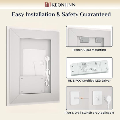 Keonjinn 24" x 36" Lighted Mirror for Bathroom Wall, LED Mirror with Frontlit & Backlit, Dimmable 3-Color Lights, HD Tempered Glass, UL-Listed LED Driver