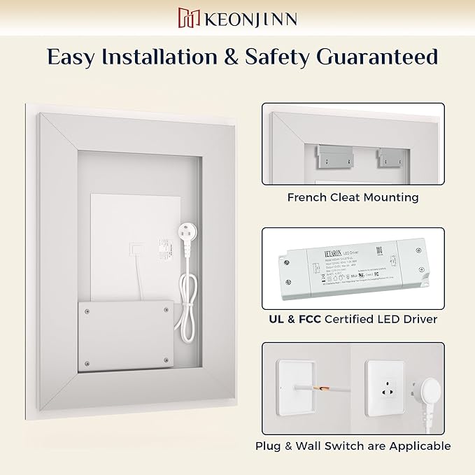 Keonjinn LED Bathroom Mirror 60" x 28" with Frontlit & Backlit, Lighted Mirror for Bathroom Wall with Stepless 3-Color Lights, Large Anti-Fog Mirror, HD Tempered Glass, UL-Listed LED Driver