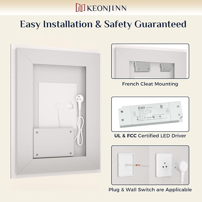 Keonjinn 36x36 Inch LED Bathroom Mirror with Lights, Frontlit & Backlit | HD Tempered Grass, 3-Color Temperature & Stepless Dimmable Lighting, Fast & Safe Defogging, Effortless Installation