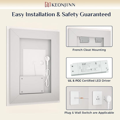 Keonjinn 48x40 Inch LED Bathroom Mirror with Lights, Frontlit & Backlit | HD Tempered Grass, 3-Color Temperature & Stepless Dimmable Lighting, Fast & Safe Defogging, Effortless Installation