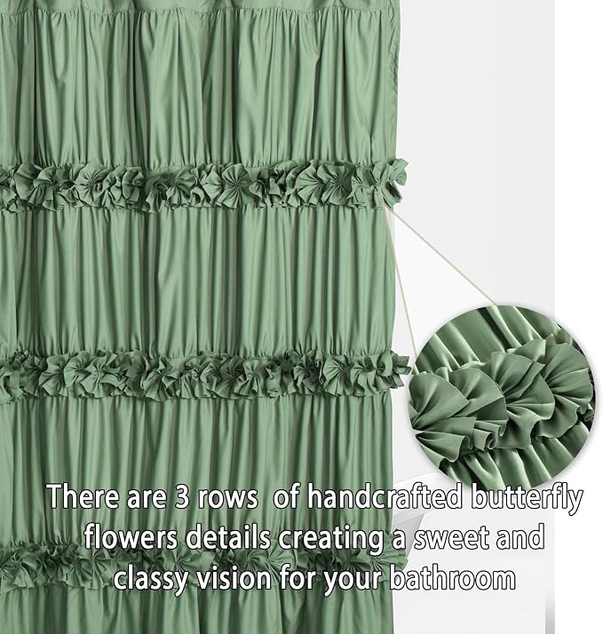Homechoice Decor Light Green Ruffle Shower Curtain 72“ W x 84” H | Vintage Handcrafted Bow Tie Bath Curtain for Master Bathroom, Ruched Microfiber Bathroom Curtain with 12 Buttonholes (LQ-10)